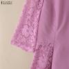 ZANZEA Women Casual Lace Crochet Splice 3/4 Sleeve Loose Blouse