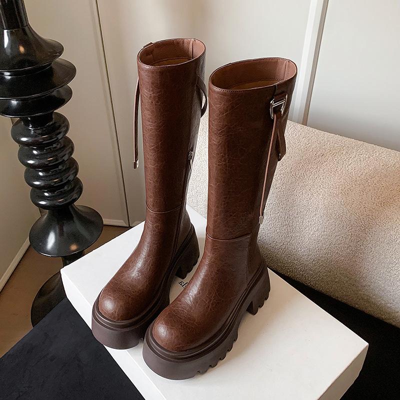 Europäische und amerikanische Mode Kniestiefel mit dicker Sohle 2025 Herbst und Winter neu runde Spitze dicker Absatz Seitenreißverschluss erhöhend Ritterstiefel