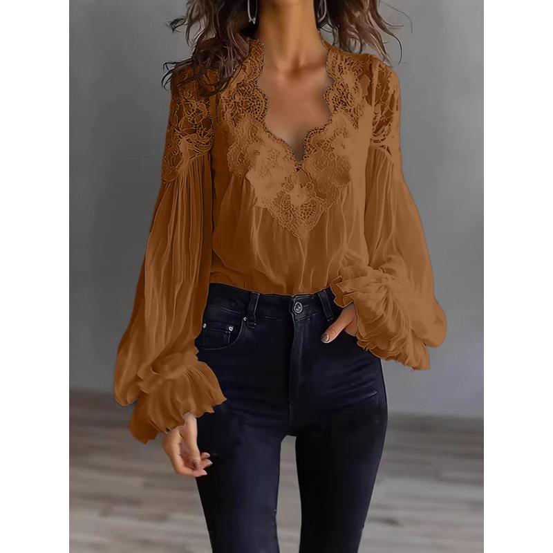 QICED Women's Fashion Casual Solid Color Print Long Sleeve V Neck Blouses & Shirts