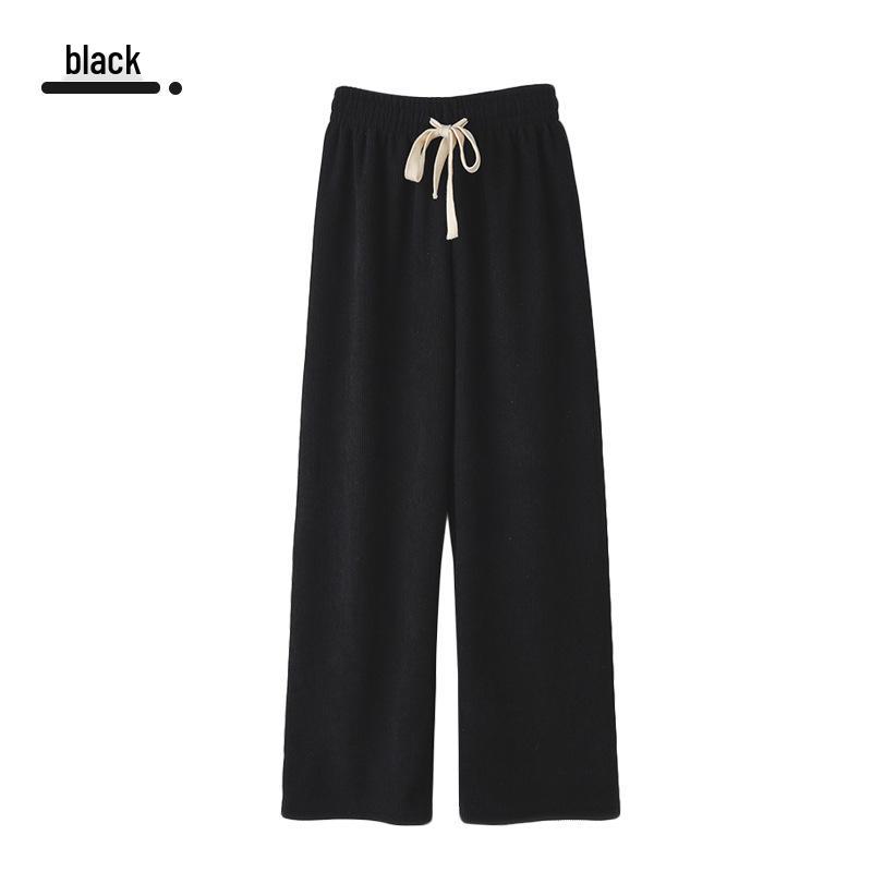 YX Dámské pletené kalhoty se širokými nohavicemi s fleecovou podšívkou - S vysokým pasem, zeštíhlující, žebrované, teplé, podzimní/zimní ležérní oblečení