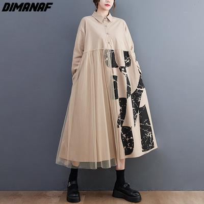DIMANAF Nieuwe Herfststijl Vrouwen Shirtjurk Zwart Patchwork Mesh Print Mode Losse Jurk 2022 Lange Cardigan