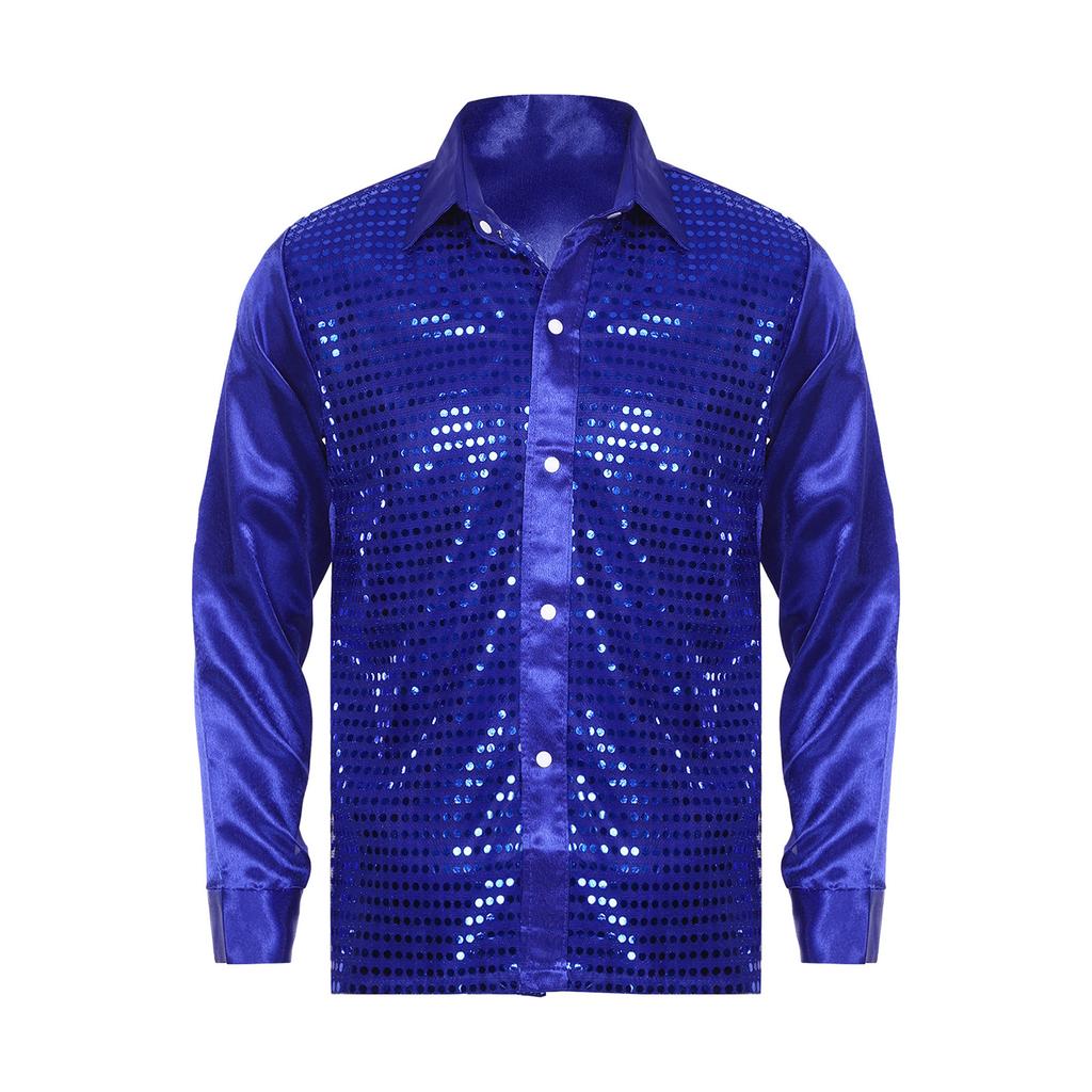 Mens Shiny Sequin Dance Shirt Latin Jazz Performance Wear Turn Down Collar Long Sleeve Patchwork Top