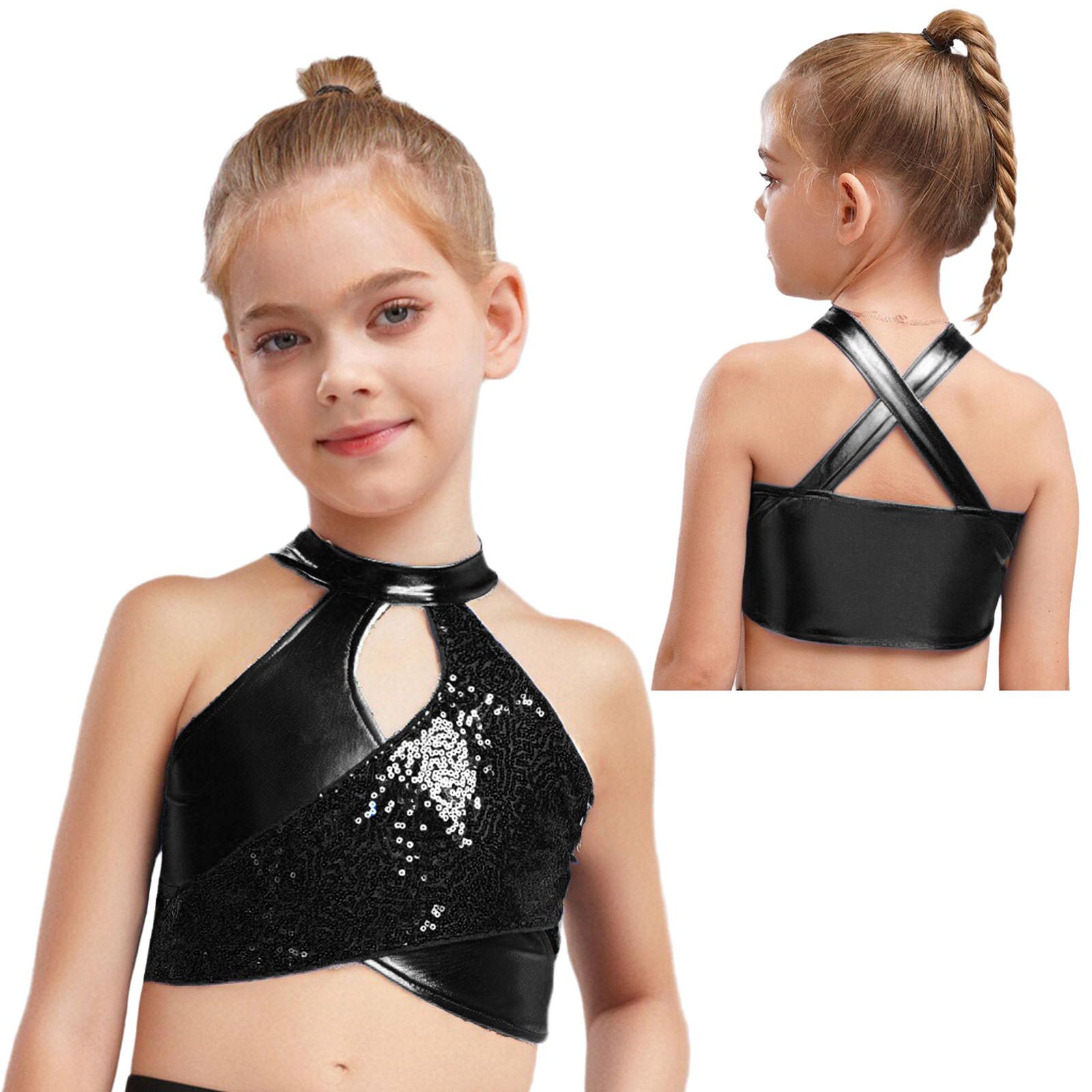 

Дівчачий джазовий латиноамериканський танцювальний кроп-топ з перехрещеним вирізом-краплею, блискучими паєтками та металевим бальним костюмом 5-6 Years чорний