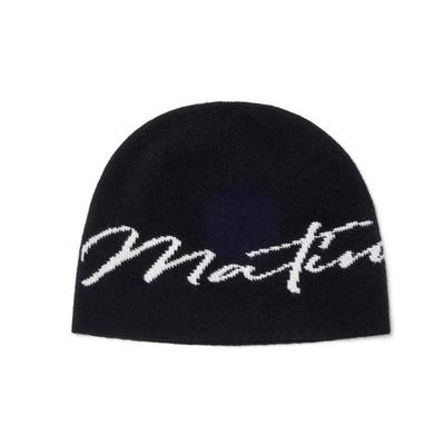 Matin Kim LOGO SCRIPT BEANIE IN IVORY, BLACK, BROWN.