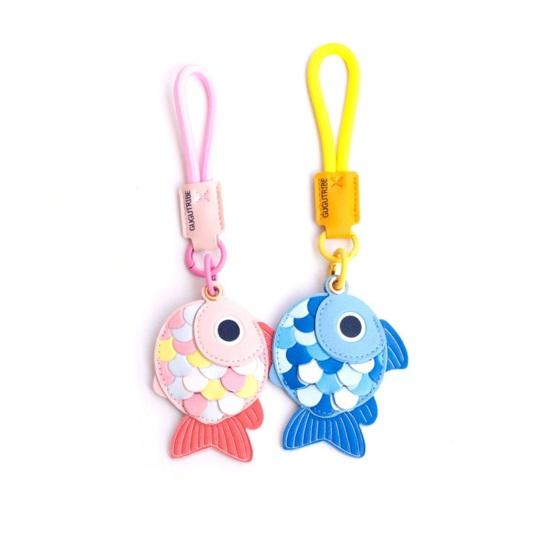 Yousheng Keychain Pendant Little Fish Faux Leather Card Holder with Lanyard Colorful Fish Scale Shaped Double-Purpose School Bag Key Pendant