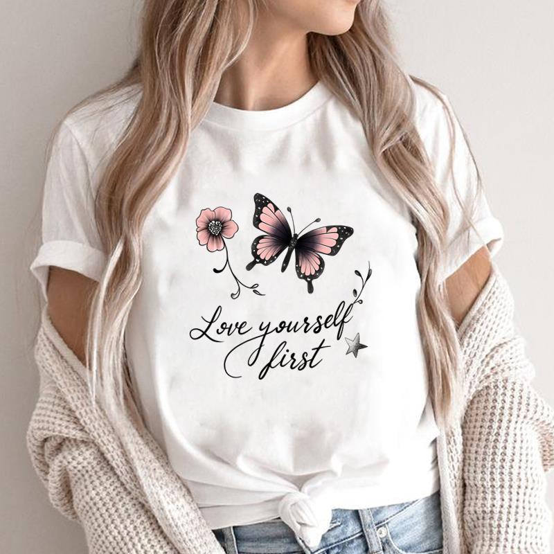 (Asian Size) Lovely Butterfly 90s Print Fashion Female Short Sleeve T-shirts Women's Top T Clothing Casual O-neck Graphic Tee