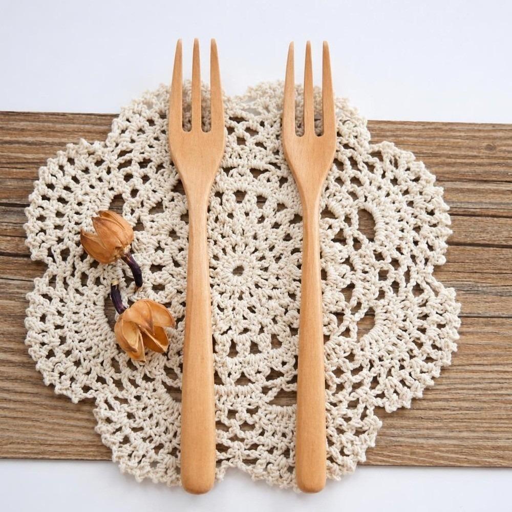5Pcs Solid Wood Forks Set Wood Dinner Flatware Travel Wood Forks  For Serving