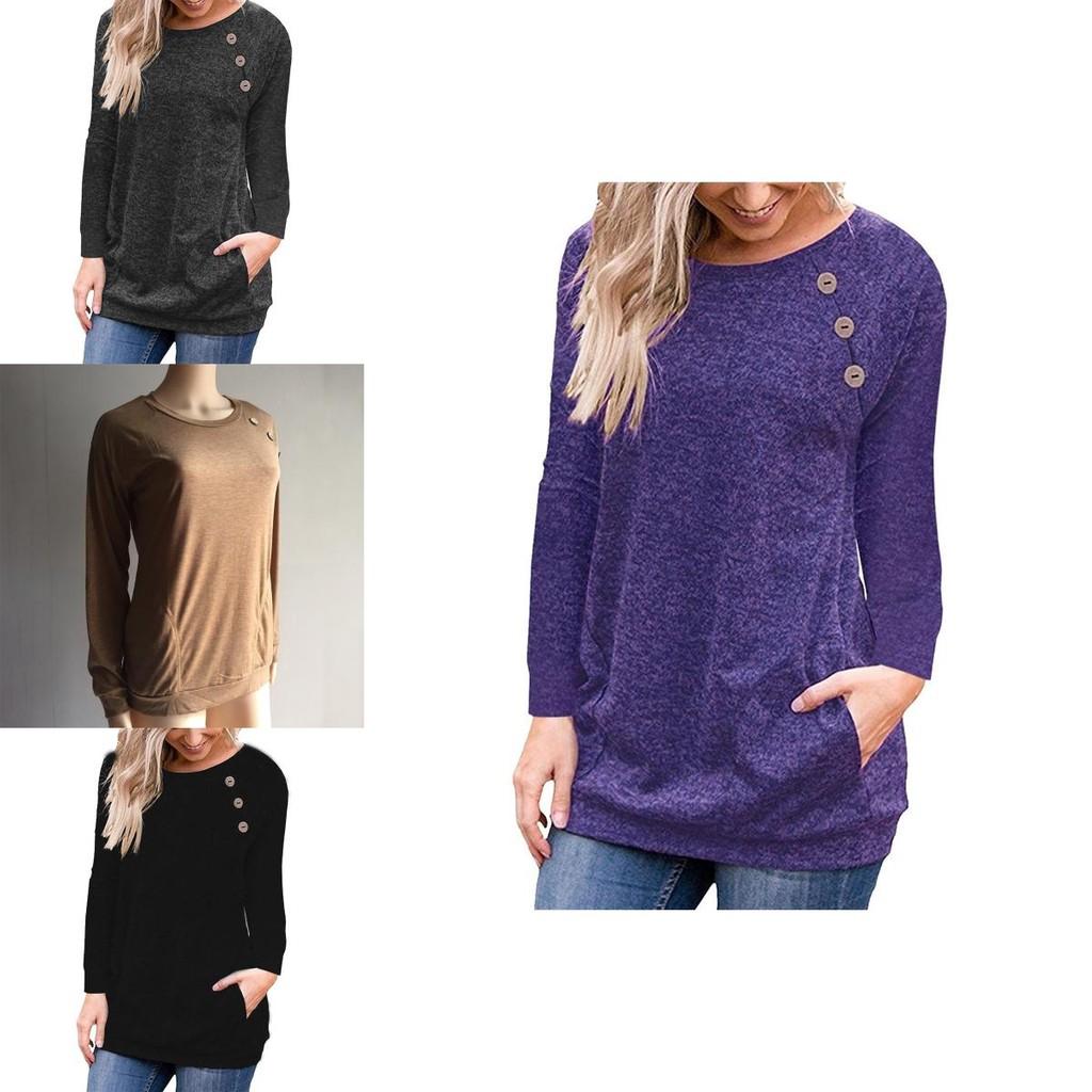 Stylish Women's Pullover Long Sleeve Solid Button Sweatshirt Top For Casual Wear
