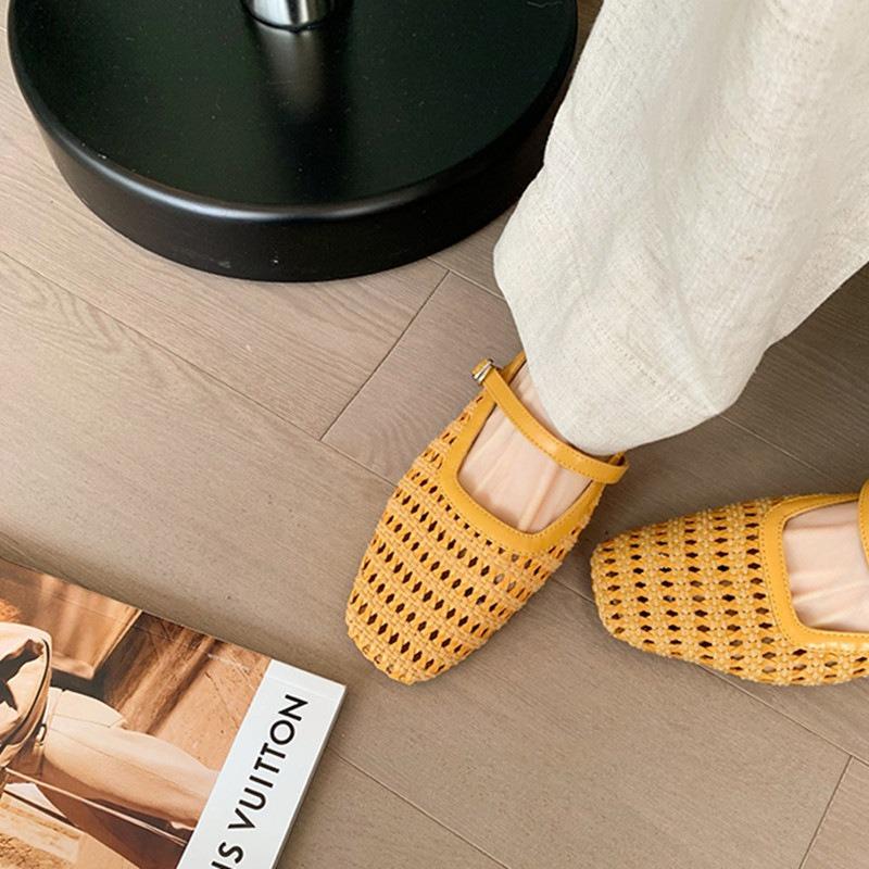 Sheepskin version! Inner heightening bag head half drag women's summer thick heel woven hollow Mary Jane cool slippers women's outer shoes