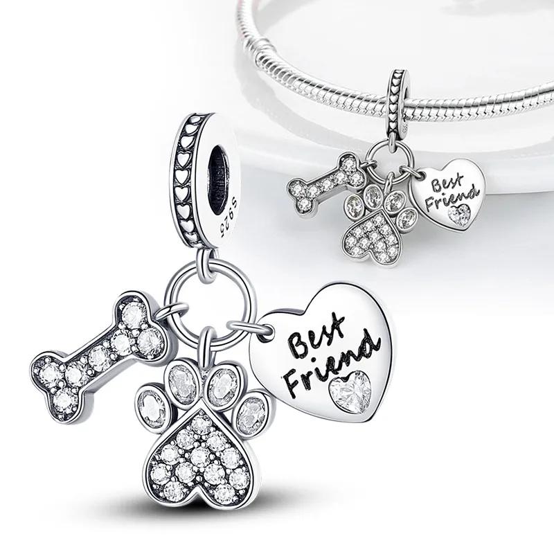 S925 Silver Heart Cat Paw Charms Beads for Women DIY Bracelets Fine Jewelry Birthday Gifts