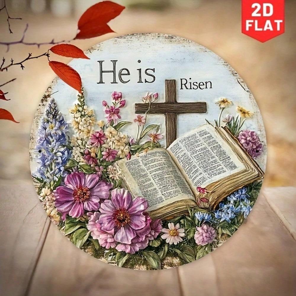 Easter Cross Metal Wall Art with Floral Wreath 8x8 Inch Decor