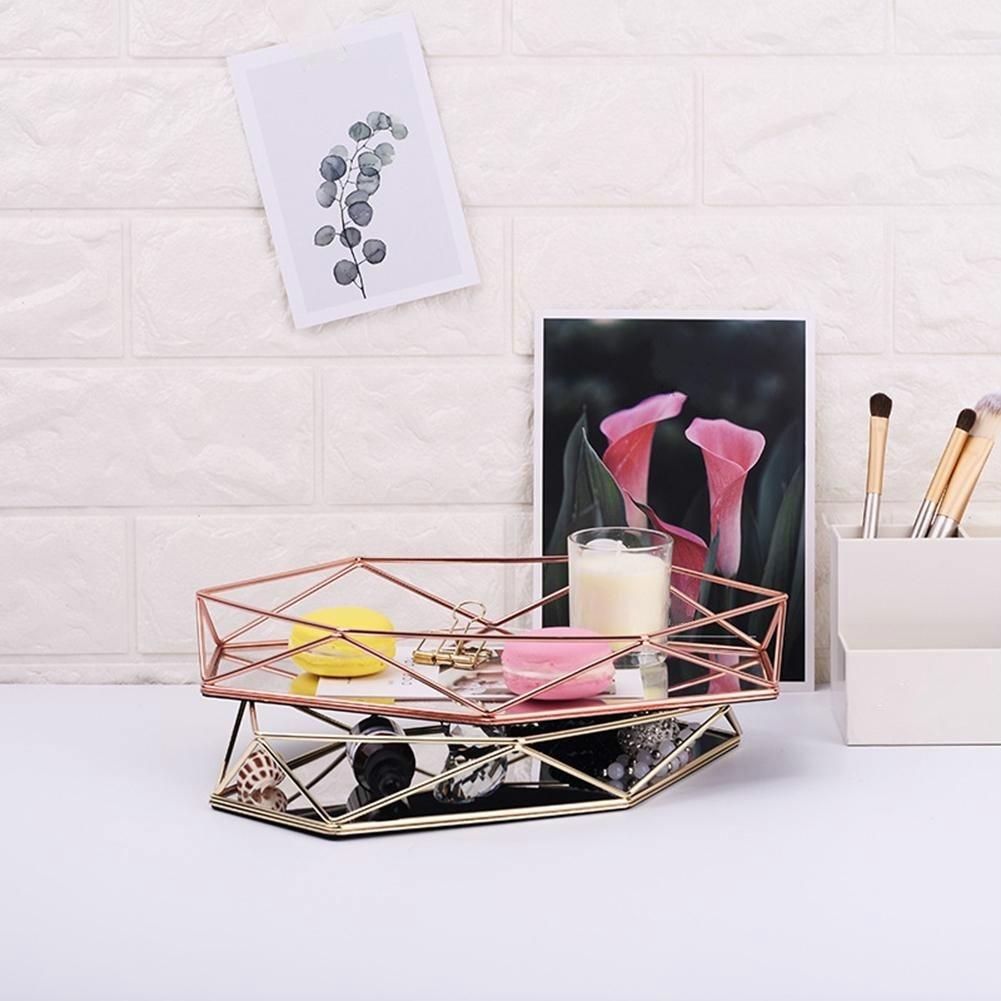 Three-dimensional Wrought Iron Storage Tray Nordic Minimalist Rose Gold Mirror Bottom Hexagonal Tray Home Decoration