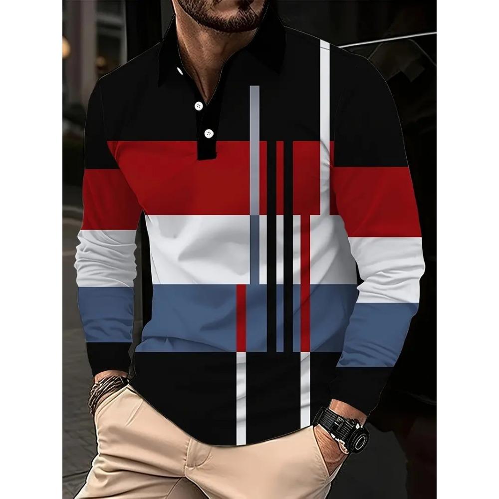 Fashion Men's Sweatshirt Long Sleeve Lapel Top Button Down Striped Polo Shirt