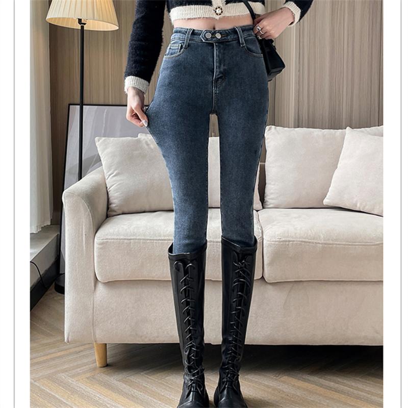 Autumn Winter Fashion Women Vintage Harajuku Jeans Fleece High Waist Casual Thicken Warm Elasticity Slim Skinny Jeans Streetwear