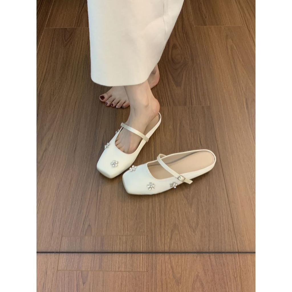 2025 Summer New French Niche Bag Head Low Heel Half Slippers Women's Outer Wear with Skirt Gentle Single Shoes Mary Jane