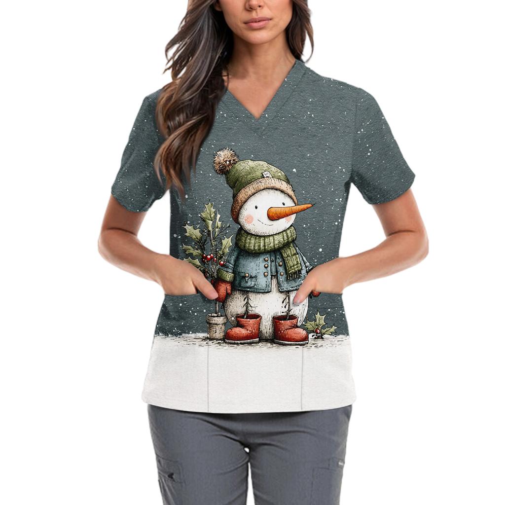 Women's Cute Bow Printed Work Clothes V-neck Double Layer Pockets Basic Short Sleeve Top Pullover