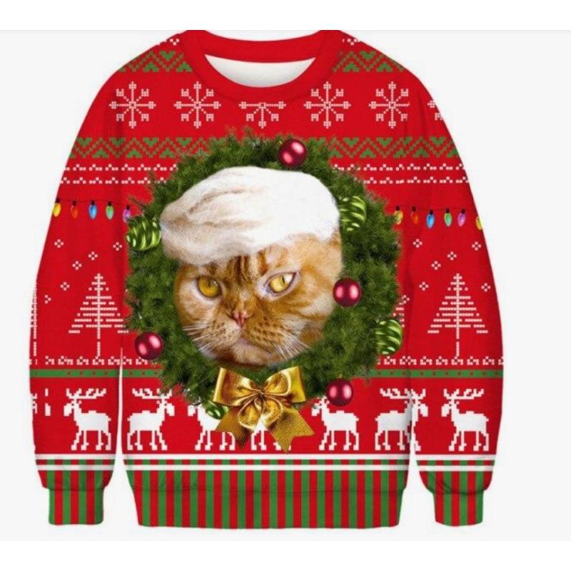 Christmas Pattern Cute Cat Dog Surroundings Autumn Winter Long Sleeved Fashionable Casual Loose Women's Pullover