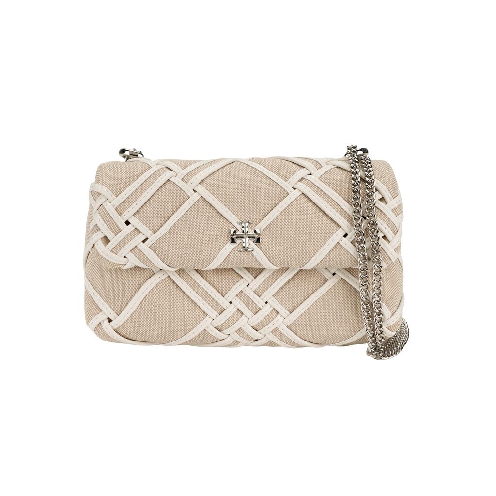 Tory Burch Kira Woven Leather Trim Chain Shoulder Strap Canvas Crossbody Mini Bag Women bags White 154831-250