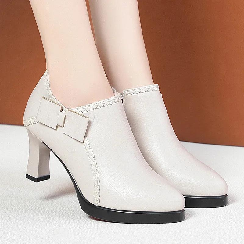 

7см 9см Удобные туфли на высоком блочном каблуке с глубоким вырезом и мехом 2025 Осень Зима Элегантные туфли-лодочки на платформе с бантом для женщин для офиса мамы 40