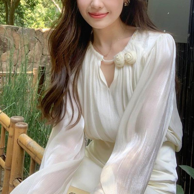 

Летняя блузка с пышными рукавами из перламутрового атласного шифона, женская дизайнерская свободная универсальная рубашка-топ L