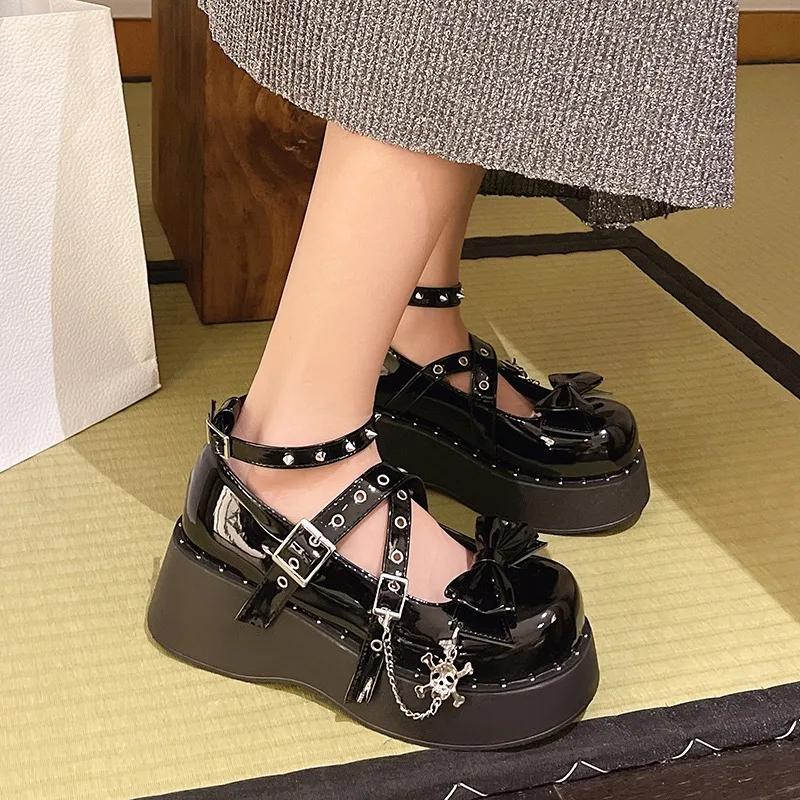 Fashion Punk Goth Chunky Platform Pumps Women 2024 Autumn Bowtie Wedges Mary Jane Lolita Shoes Woman Heart Ankle Buckle Black Shoes