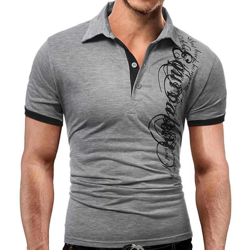 Elegant Men's Fashion Lapel Short Sleeve Blouse Casual Letters Print T-shirt