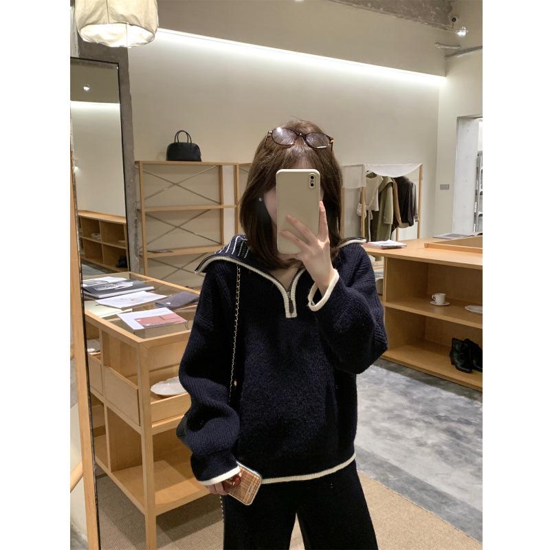 

2026 Casual Knit Set: Large Lapel Zipper Top & Straight Leg Pants Medium темно-синий