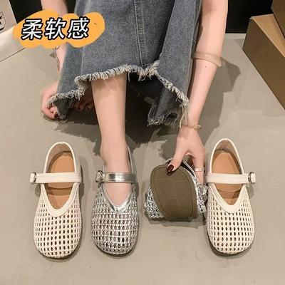 Mary Jane Single Shoes Women's Shoes 2025 Summer New Flat-soled Soft-soled Mesh Hollow Shoes Woven Fishing Net Shoes Sandals