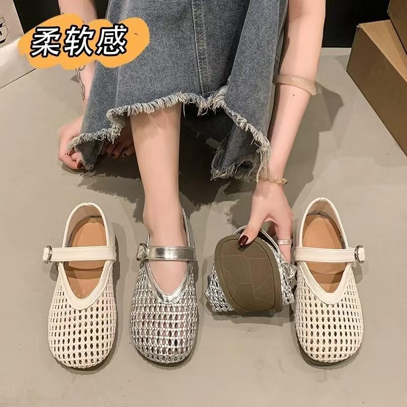 Mary Jane Single Shoes Women's Shoes 2025 Summer New Flat-soled Soft-soled Mesh Hollow Shoes Woven Fishing Net Shoes Sandals