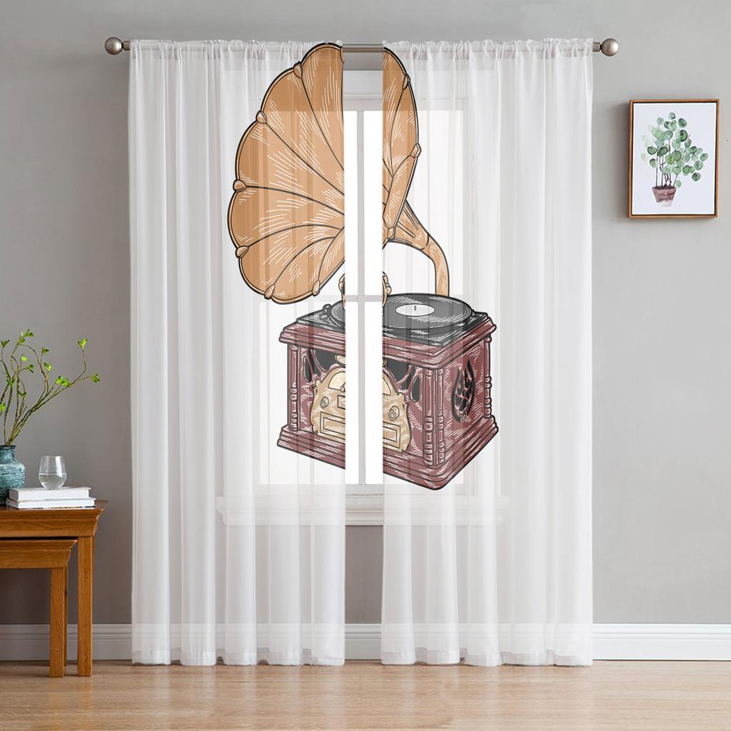 Retro Music Poster With Vinyl Gramophone Chiffon Sheer Curtains for Living Room Bedroom Window Curtain Voiles Tulle Cortinas