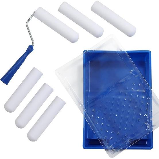 Foam Paint Roller, Roller Frame with 4-Inch Mini Paint Roller Cover Refills with Foam-Covered Ends, High-Density Foam Paint Tray Set for Room Home