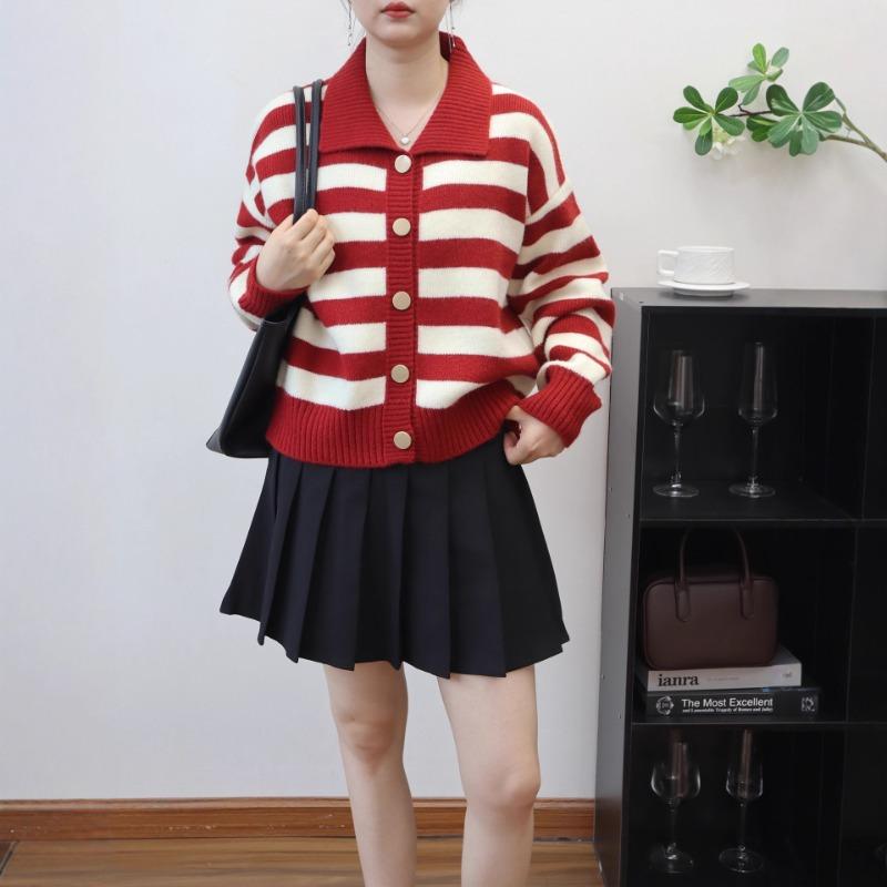 Retro contrasting color striped lapel knitted cardigan autumn and winter new design loose sweater jacket women