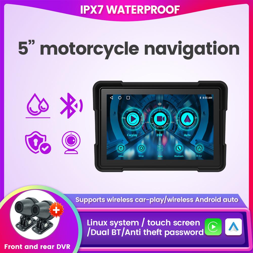

5 Carplay moto GPS Navigation Linux System IPX7 Waterproof Wireless CarPlay Motorcycle Android Auto Dual BT Dual CAM Recorder