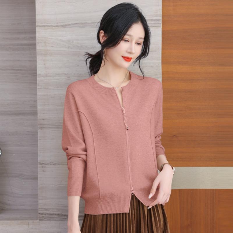 Spring new baseball jersey zipper top loose thin sweater crew neck knitted cardigan women's coat