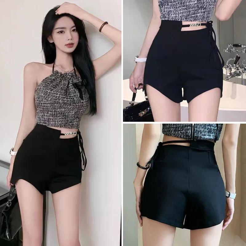 Spicy Girl High-Waist Lace-Up Black Shorts - Women's Summer Casual Slim Straight-Leg Hot Pants