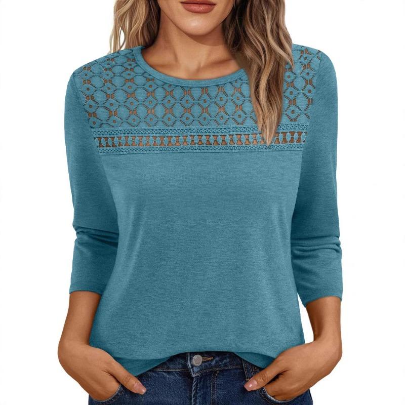 Women's Autumn Round Neck Top Lace Hollow Breathable Versatile Long Sleeve T-shirt