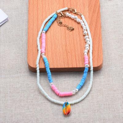 Bohemian Colorful Soft Pottery Pearl Rice Bead Neck Chain Double Shell Pendant Necklace