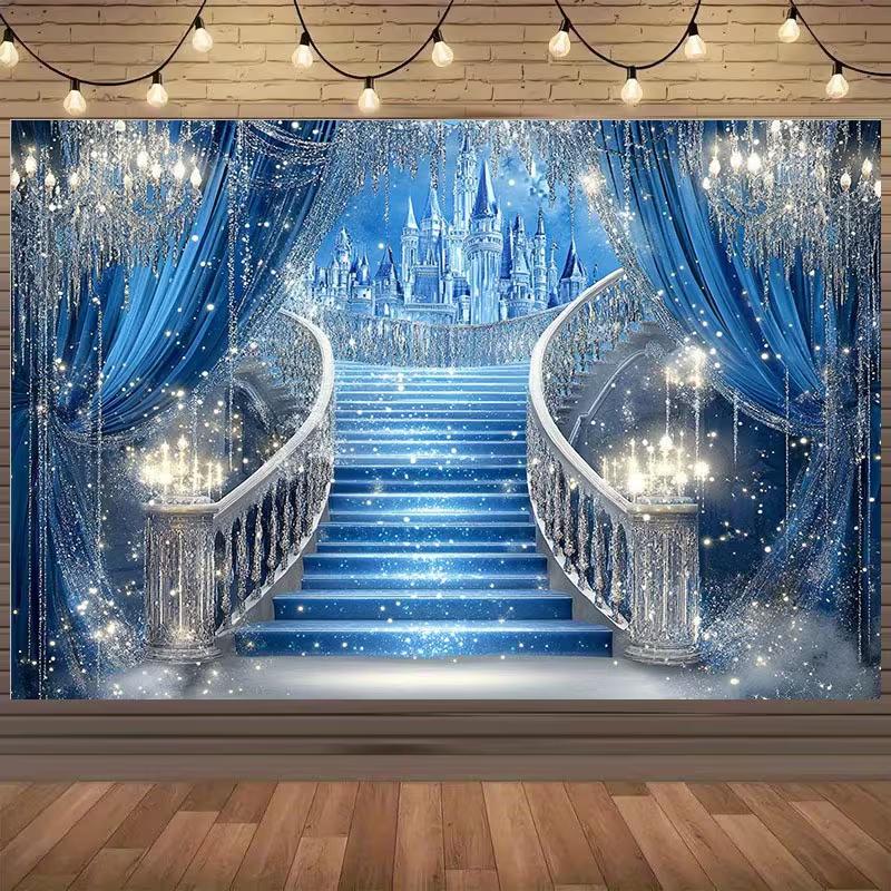 

2D Flat Frozen Castle Backdrop with Sparkling Stairs for Princess Party Decor 47.2x31.5inch/120*80cm