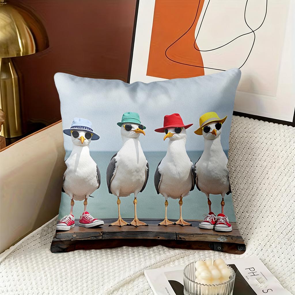 Beach Fashion Seagulls Double-Sided Decorative Pillowcase, Coastal Style Cushion Cover For Home Office Car Decor