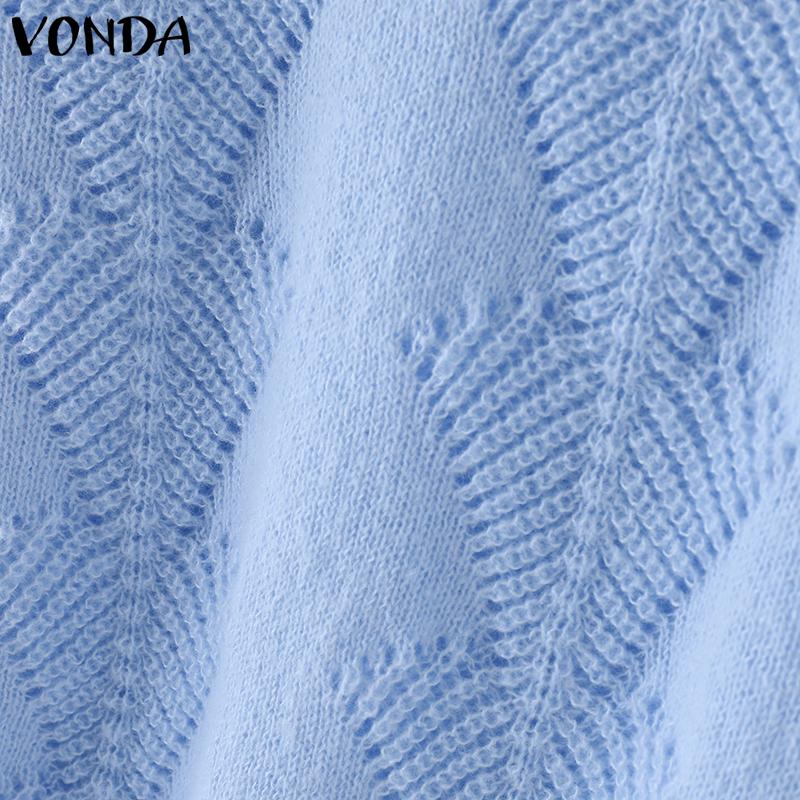 VONDA Women Autumn V-neck Long Sleeve Solid Color Pullover Sweaters