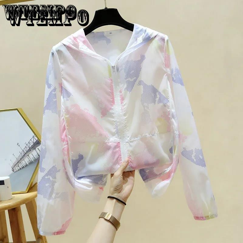 Letní tištěná dámská tenká ležérní bunda na opalování s dlouhým rukávem a kapucí