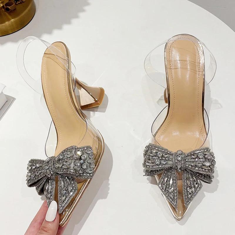 Fashion Fashion Crystal Sequined Bowknot Women Pumps Sexy Pointed Toe High Heels Wedding Prom Shoes Ladies PVC Transparent Sandals