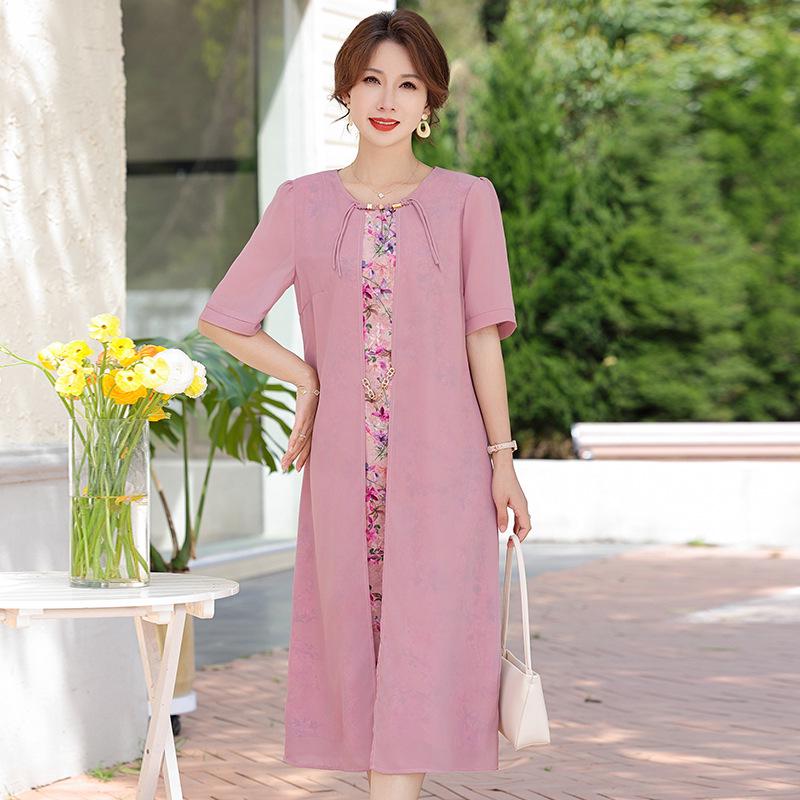 Mom's Summer New Chinese Short Sleeve Plus Size Chiffon Dress for Middle-Aged & Elderly Women - National Style Belly Cover