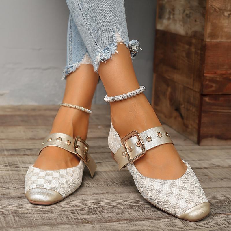 fashion Elegant Plaid Pattern Mary Jane Shoes for Women Metal Buckle Ankle Strap Pumps Woman Comfort Low Heels Single Shoes Plus Size