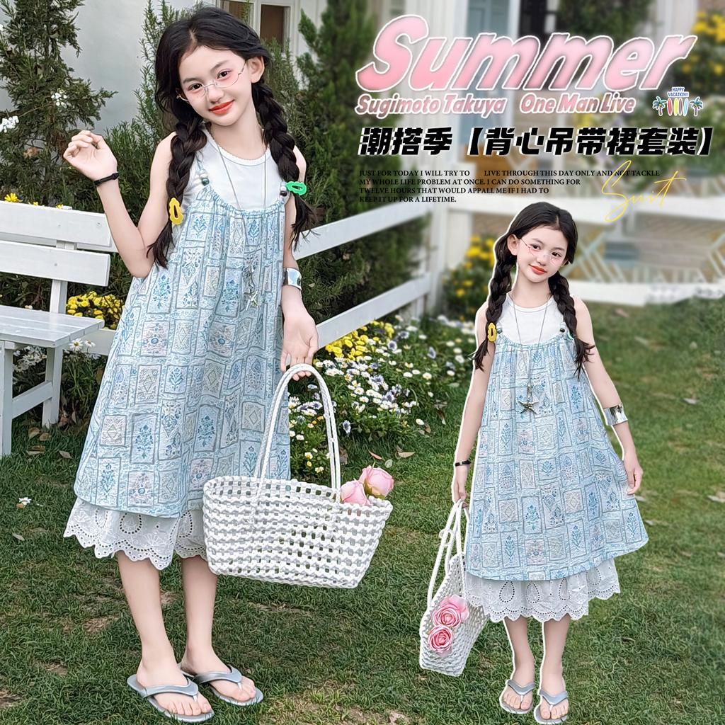 Sweet girl dress 2026 new western-style children's clothing, girls' summer clothes, floral suspender dress, princess dress