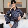 Conjunto de Pijama para Hombre Primavera Otoño Seda de Hielo Cárdigan de Manga Larga Ropa de Dormir de Satén para Exterior Masculino Ropa de Casa Verano