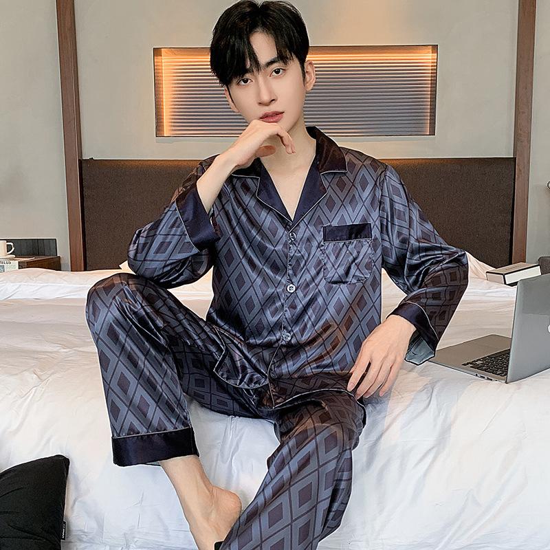 Conjunto de Pijama para Hombre Primavera Otoño Seda de Hielo Cárdigan de Manga Larga Ropa de Dormir de Satén para Exterior Masculino Ropa de Casa Verano