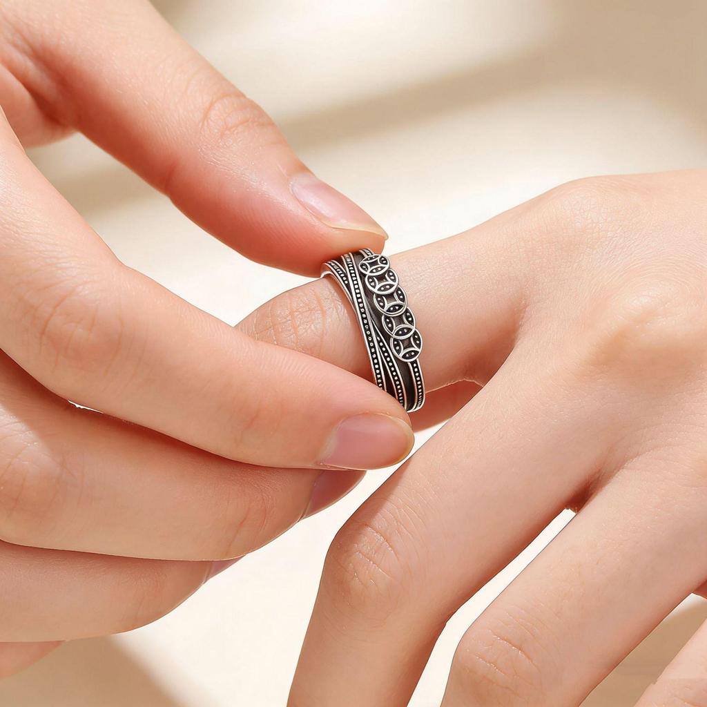 Ethnic Silver S925 Women's Ring: Retro Chinese Style with Wealth-Attracting Five Emperors Coins