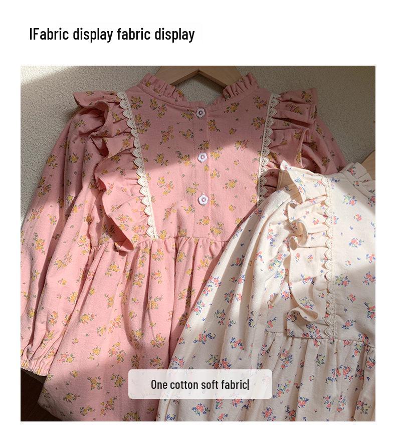 Spring 2026 Korean Style Children's Floral Dress with Stand Collar and Ruffle Lace - Long Sleeve Princess Skirt