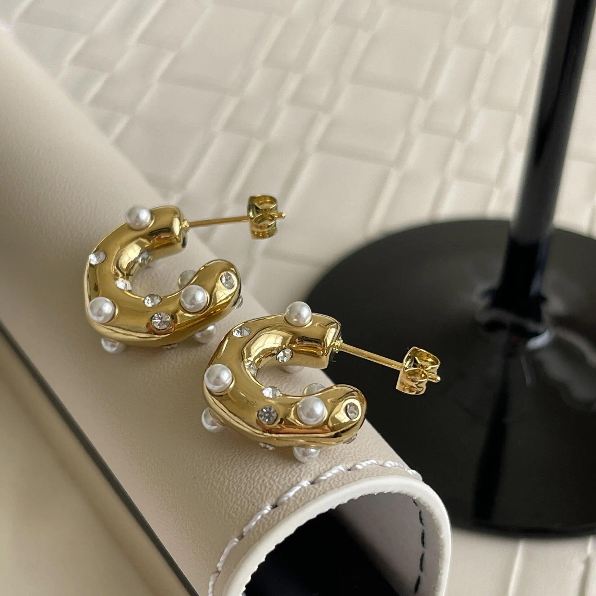 

Trendy Gold Color Crystal Stainless Steel Round Earrings For Women Imitation Pearl Metal Earring Party Everyday Jewelry